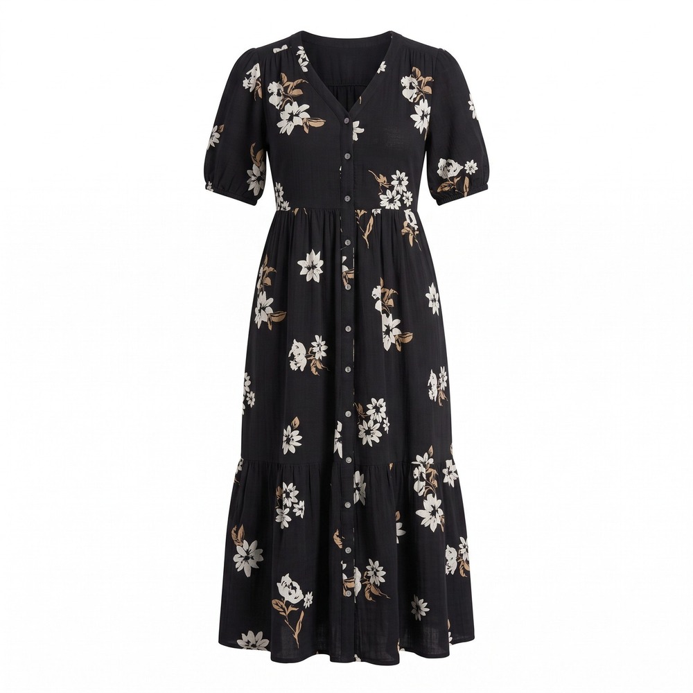 Sonoma M Womens Black Floral Button Front Midi Dress Boho Cottagecore Casual